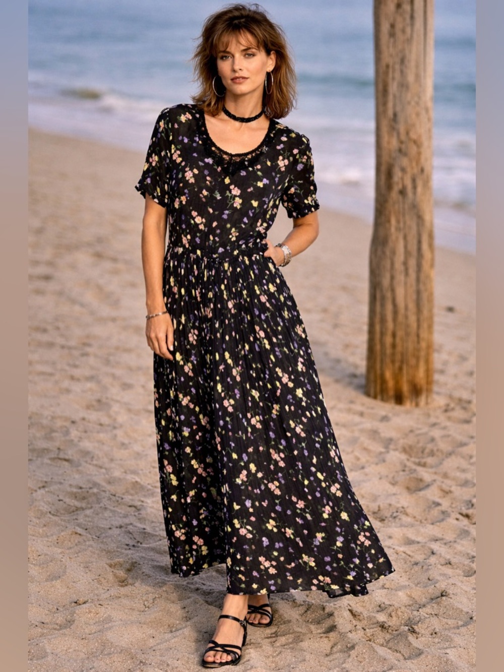 Vintage 90s Floral Midi Dress Tie Back Cottagecore Grunge Sheer M/L